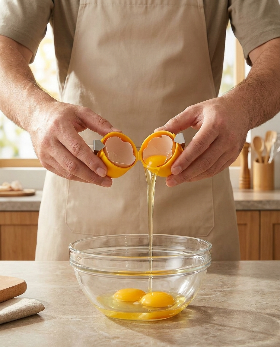 Man kraakt ei met EggClip in de keuken