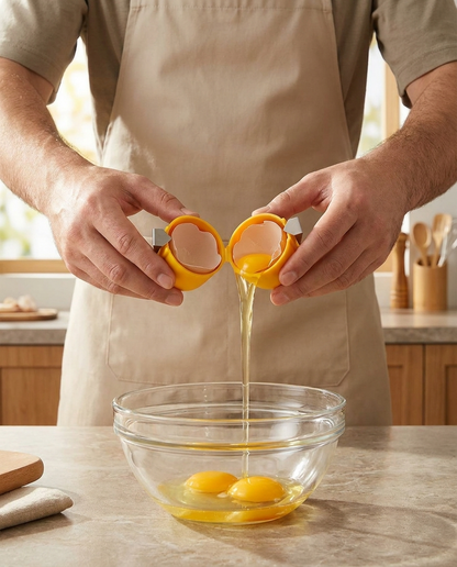 Man kraakt ei met EggClip in de keuken