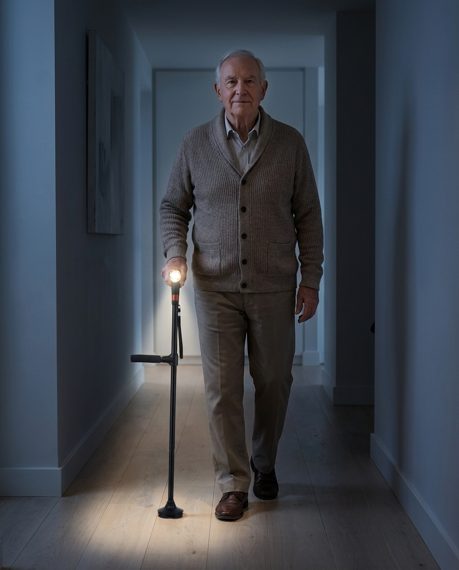 Man loopt 's nachts met ingeschakelde LED