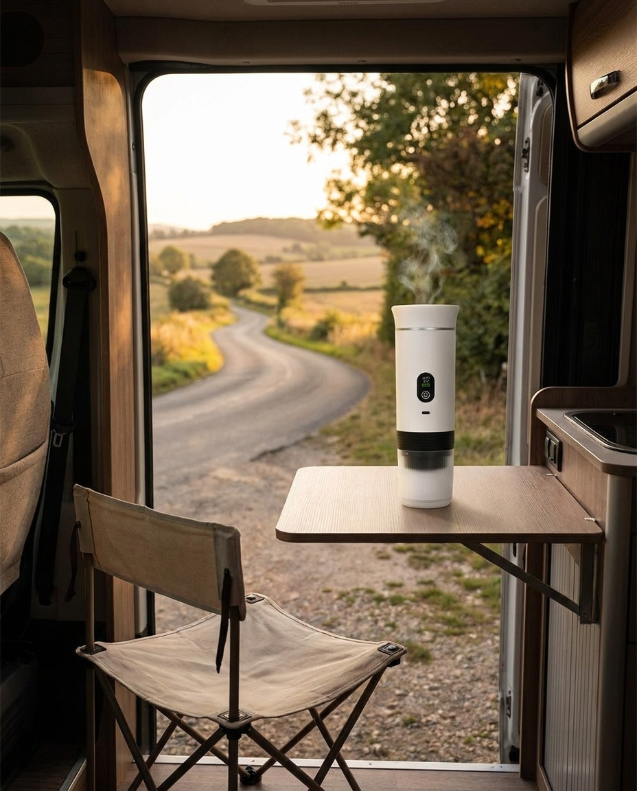 Brendo espressomachine tijdens een camperbusje-roadtrip