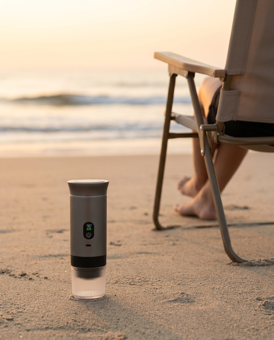 Brendo espressomachine op het strand bij zonsopgang