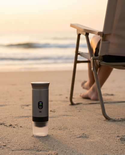 Brendo espressomachine op het strand bij zonsopgang
